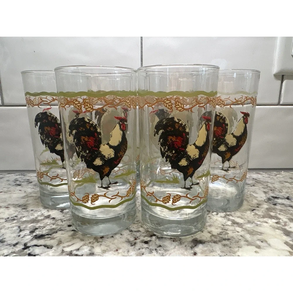 Vintage Rooster Farmhouse Juice Glasses Set of 6 Country Kitchen Tumblers